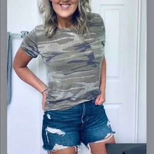 Army green fatigue scoop neck, short sleeve, some what sheer,  shirt size small